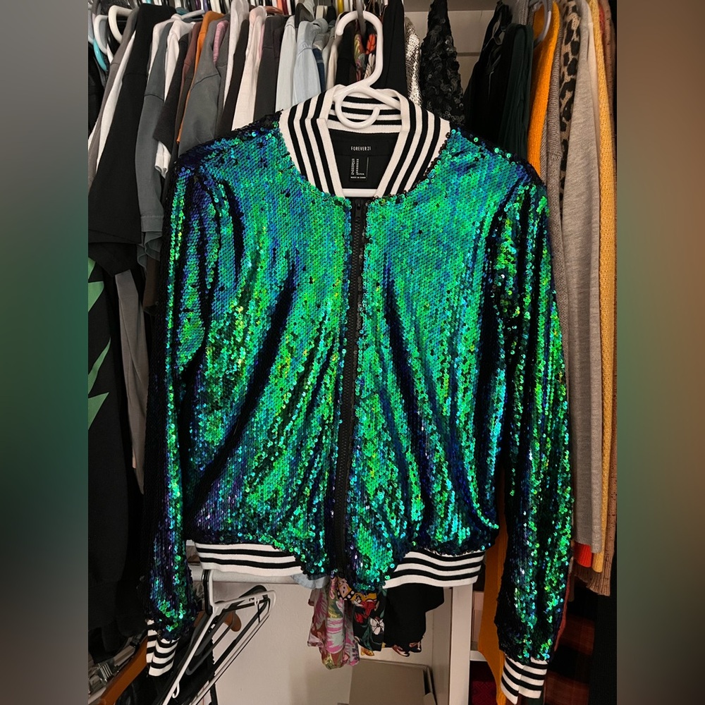 Forever 21 Sequin Bomber Jacket - Green & Blue